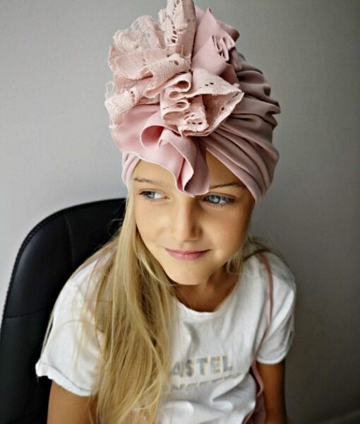 Pudrowy róż |  Turban floral z koronką